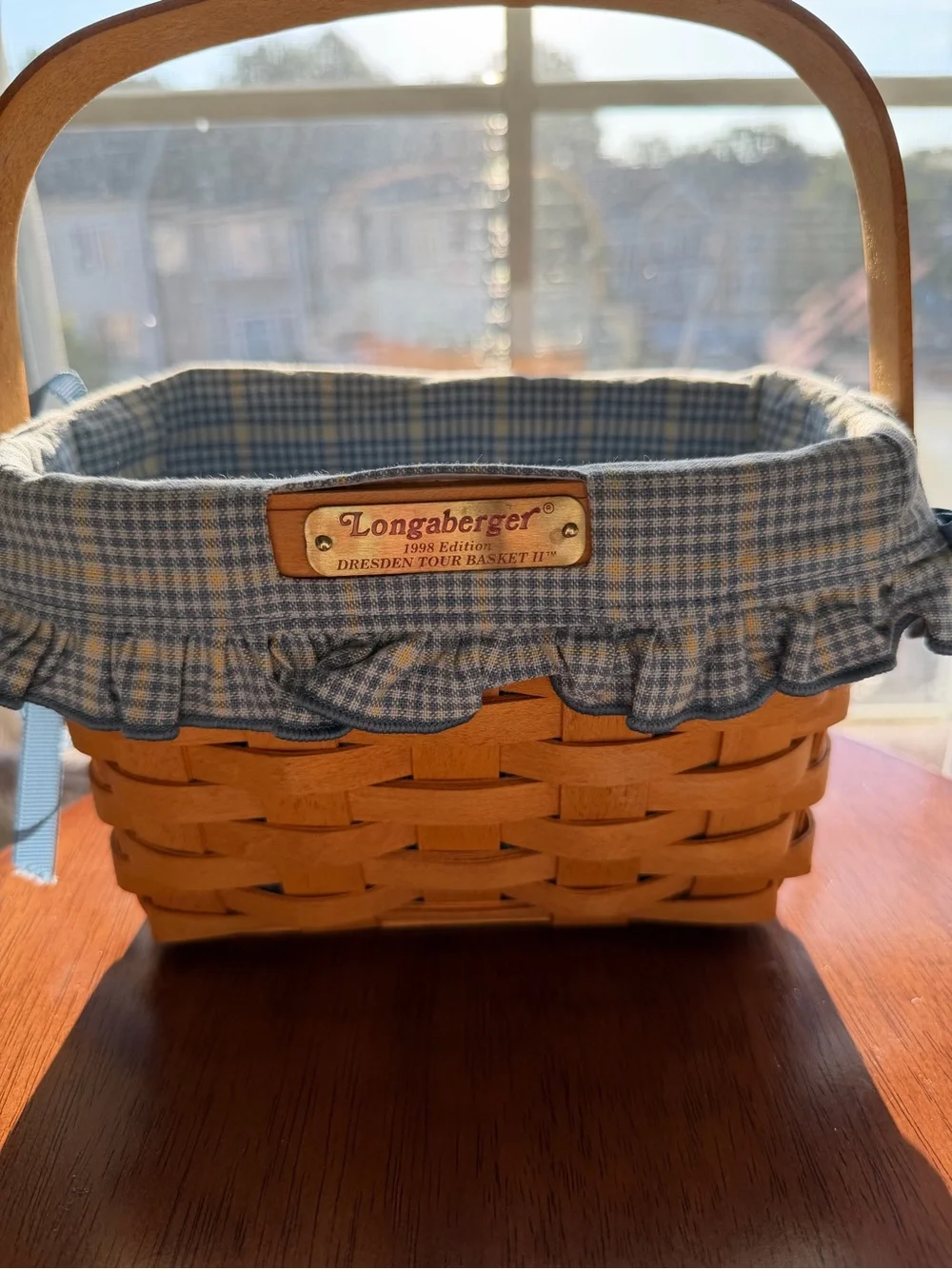 Longaberger Blue Plaid Lined Woven Basket with Ruffled Edge